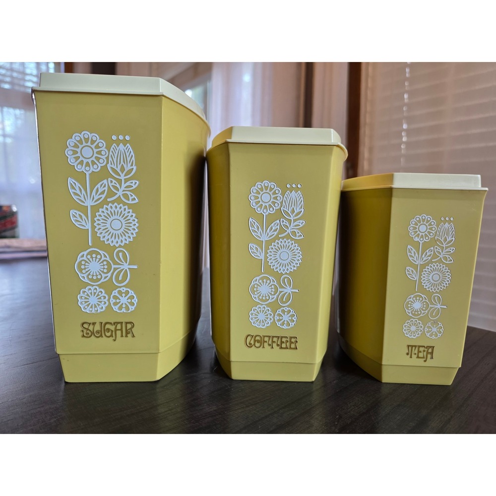 Vintage 1970s Harvest Gold Canister Set 3pc Sugar Coffee Tea Retro Kitchen Decor